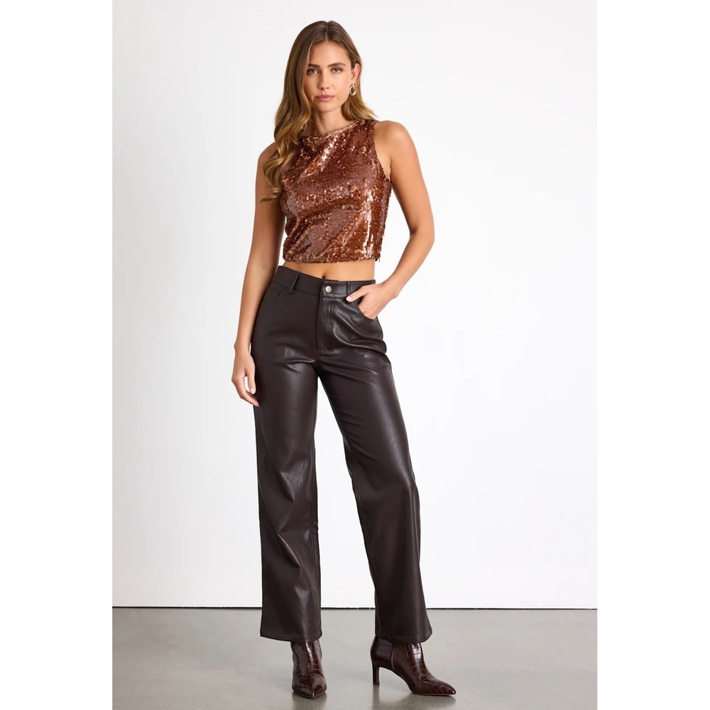 Chelia Shiny Brown Sequin Cropped Tank Top